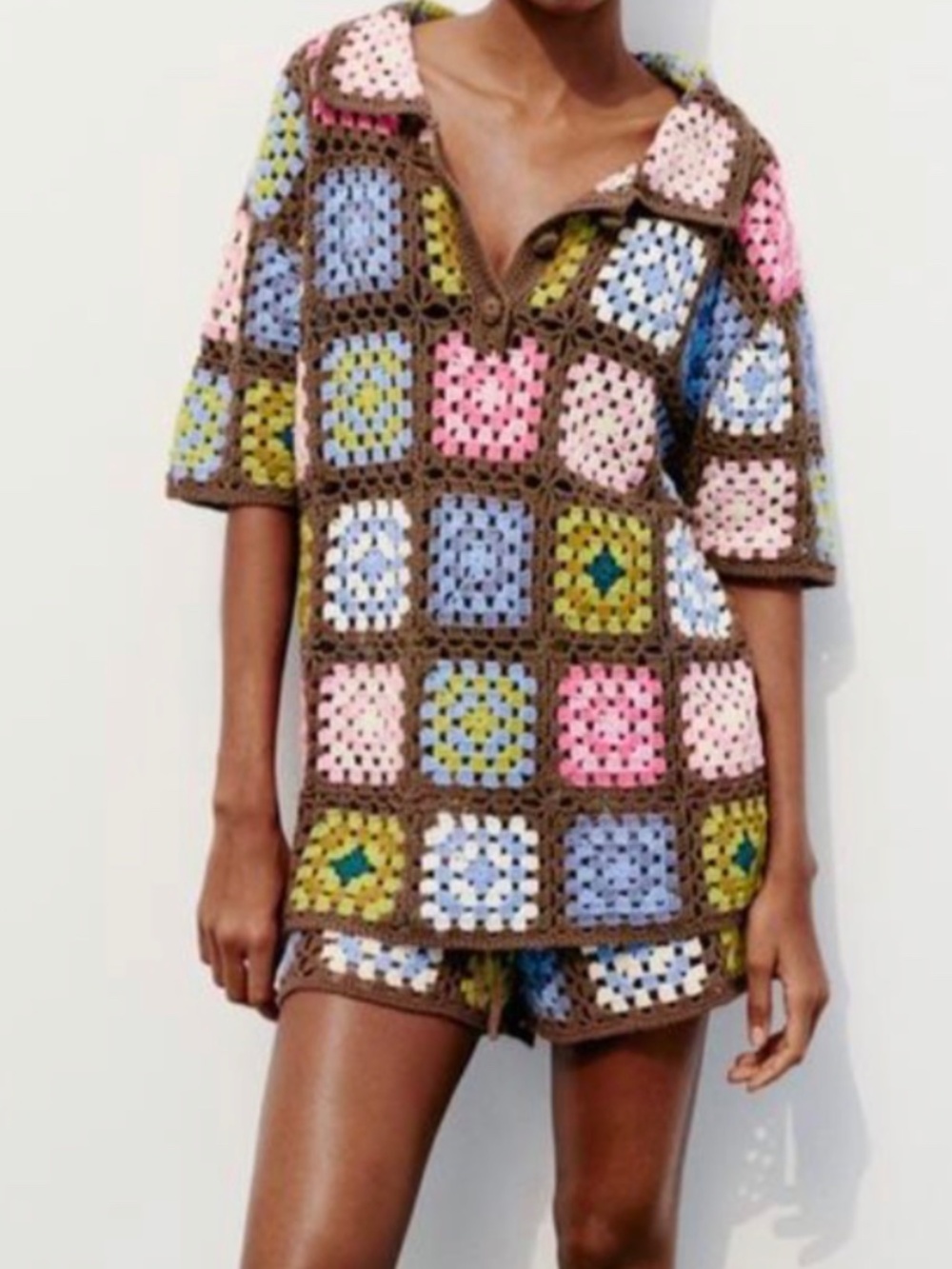 ZARA Brown 70s Summer Crochet Knit Polo Sweater Short Sleeve Button EUC  SM
